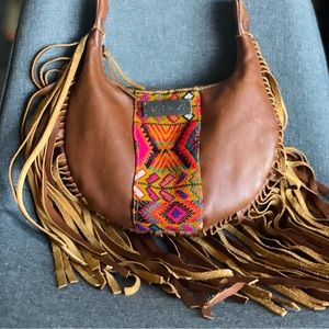 Nena & Co Wheat Huipil Fringe Boho Saddle Bag / Purse